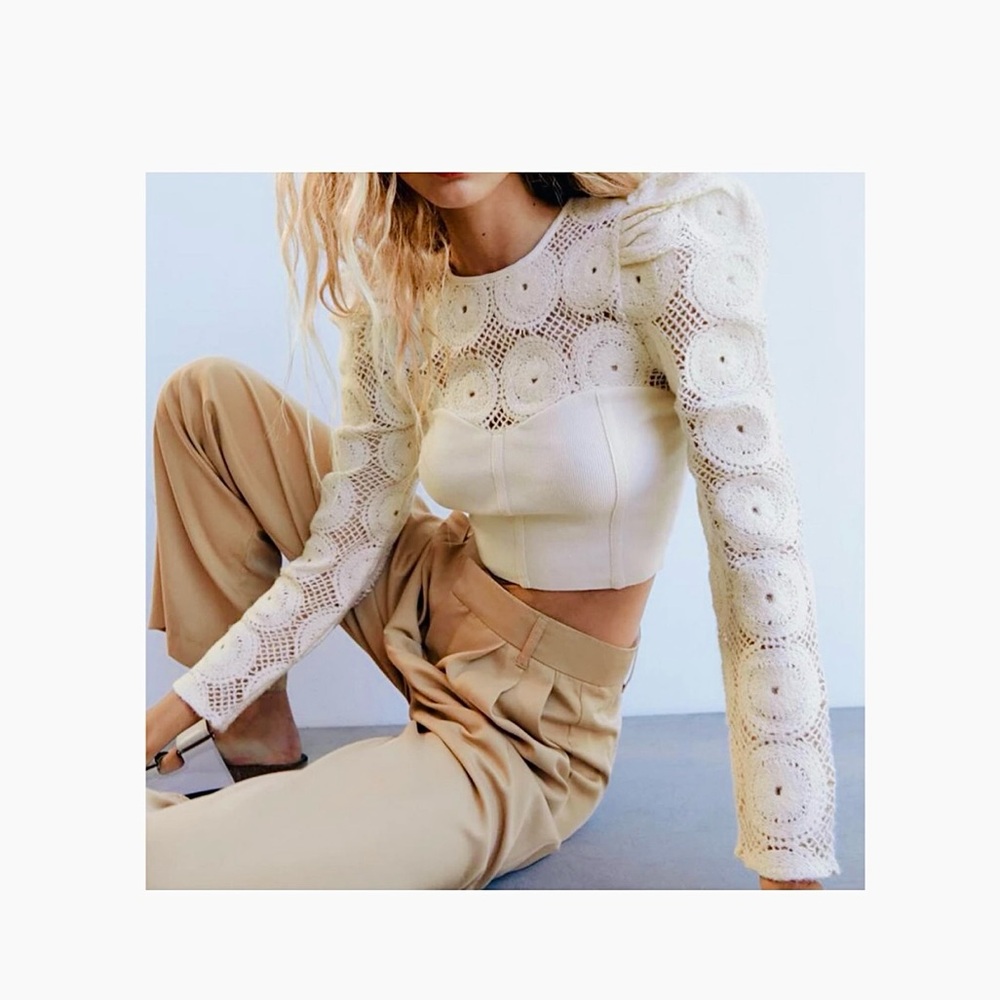 NWT Zara Ecru Combination Knit Top With Crochet Puff Sleeves Top Sweater Small